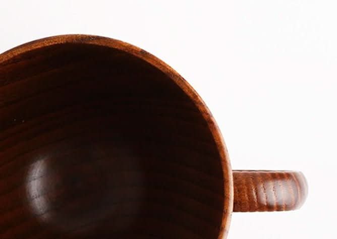 Japan Imported Traditional Lacquered Chestnut Wood Mug with visible wood grain.